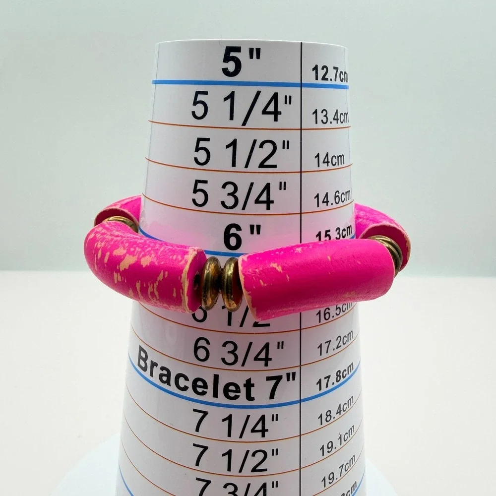 Vintage 90s Hot Pink Tube Beaded‎ Stretch Bracelet Set 3pc Gold Tone Jewelry